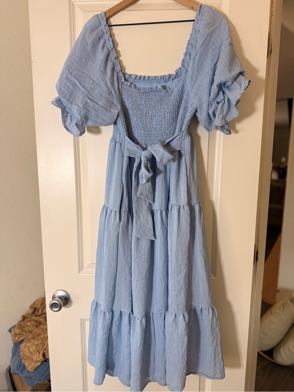 Morning Lavender Smocked Bodice Light Blue Maxi Dress with Puff Sleeves - Picture 5 of 6